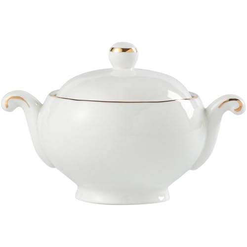FENNVV White Porcelain Soup Tureen with Lid, Double Handle Covered Tureen Classic Serving Soups Bowl for Home Kitchen Countertop Decoration, Dishwasher and Microwave Safe,Gold
