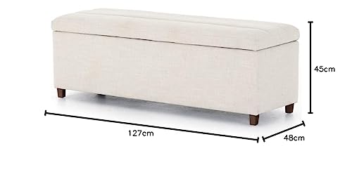 MODERN WAVE Worn Fabric Upholstered 50" Large Flip Top Storage Bench 3 Seater Sofa Couch Pouffe Sofa Bench Ottoman. (Ivory)