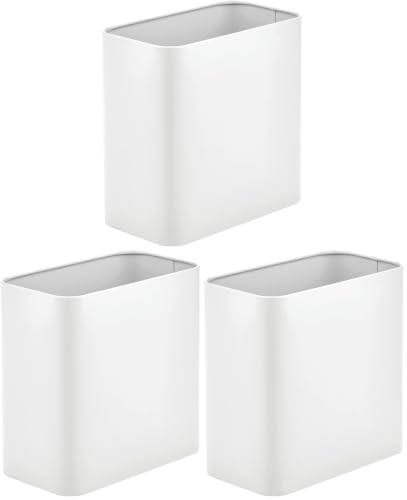 Image of mDesign Metal Wastepaper Bin - Compact Rectangular Bathroom Bin - Rubbish Basket for Home and Office - White (Pack of 3)