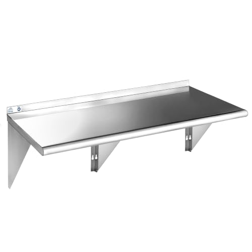 ROCKPOINT Stainless Steel Shelf 18 x 60 Inches 450lb, NSF Metal Commercial Shelves Wall Mount Floating Shelving with Backsplash for Restaurant, Kitchen, Home and Hotel, Silver