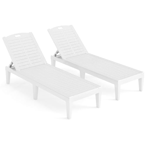 FANTASK Tumbona de jardín, balcón, terraza, de plástico con Respaldo Ajustable, Juego de 2 Unidades, Resistente a la Intemperie, soporta hasta 160 kg, para jardín y terraza (Color Blanco)
