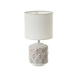 LOLAhome - Lámpara de Mesa de Cerámica Pintada a Mano con Relieve de Hojas y Pantalla de Algodón Blanca de 15x28 cm. Lámpara Auxiliar para Mesita de Noche, Dormitorio, Salón u Oficina