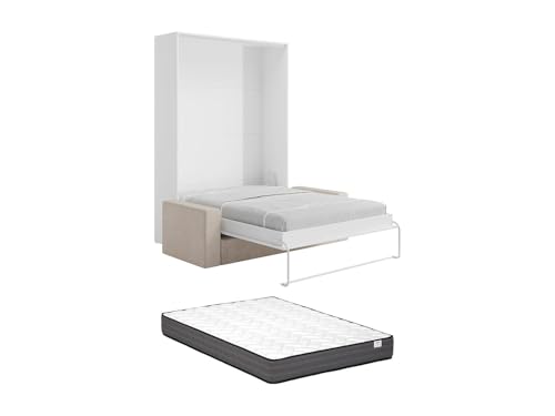 Vente-unique - Lit escamotable 140 x 200 cm - Ouverture Verticale Manuelle - Blanc + Matelas + Canapé - BEGANIO