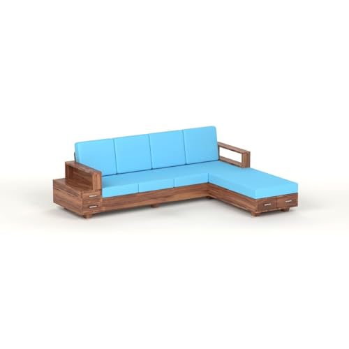 Image of Sheesham Wood 6 Seater L Shape Sofa Set with Storage Drawers and 40 Density Cushion | Solid Wooden Corner Sofa with Blue Fabric Upholstery for Living Room