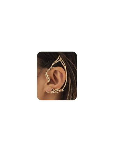 Gothic Elves Ear Cuffs 2pcs Gold Fairy Ears Punk Elves Ear Wrap Earrings Adjustable Non-pierced Fake Earrings for Cosplay Cartilage Climber Ear Hip Hop Clip on Statement Earring Gift for Women (Gold)