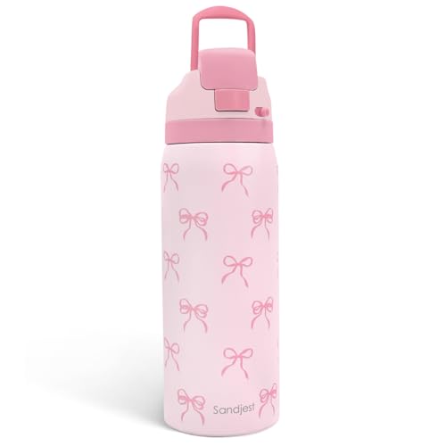Image of Bow Insulated Stainless Steel Water Bottle with Straw for Sports and Travel, 32oz, Gifts for Women Girls Friends Teens Birthday Christmas (Pink)