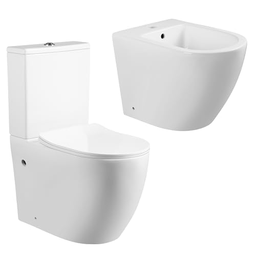 LARDECOR - Set de Inodoro y Bidet de Cerámica, WC/Váter de Baño con Sistema Rimless | 605x370x800 mm | Drenaje en Pared, Tapa Dura Extrafina UF Amortiguada, Doble Descarga y Ahorro de Agua (Blanco)