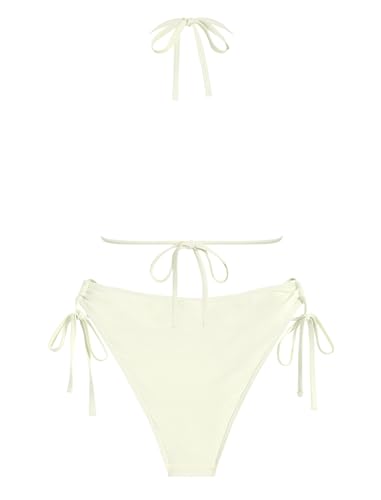 ZAFUL Women's Halter Triangle Bikini Set Crochet Boho Floral Swimsuit Cut Out Tie Side Two Piece Bathing Suit2