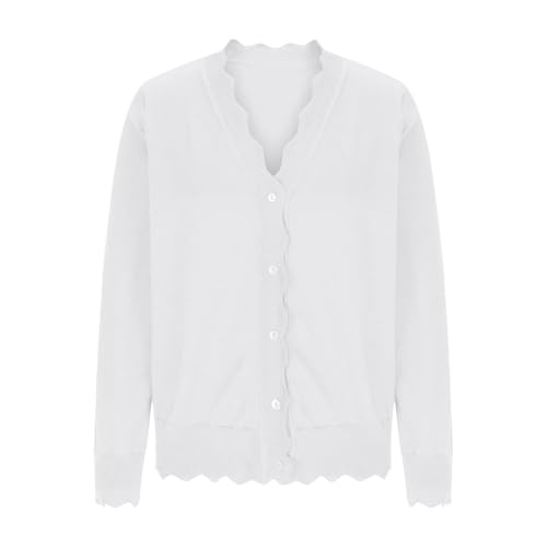 Women's Knit Button Cardigans Tops Long Sleeve Ruffle Open Front Lightweight Blouses Ladies Scalloped Shrugs Shirt4