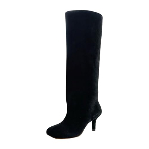 Botas retro occidentales de media pantorrilla para mujer, material de gamuza, puntera cuadrada, tacón alto de bloque, varios colores disponibles, estilo vaquero de moda, Black, 40.5 EU