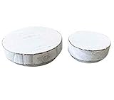 Paper and Pallet Farmhouse Wood Risers for Tiered Serving Tray - Rustic Round Wooden Mini Pedestal Stand Kitchen Decor with White Distressed Finish for Mug Display and Centerpiece Risers (Set of 2)