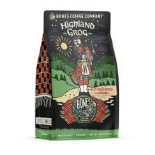 Bones Coffee Company Decaf Highland Grog, Butterscotch Caramel Decaffeinated Flavored Coffee, Medium Roast Low Acid Arabica Beans For Auto drip and French Press Coffee Maker, 12 Oz Ground