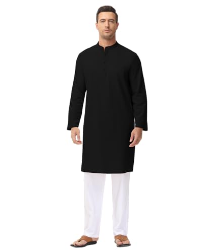 LVCBL Men's Kaftan Robe Long Sleeve Linen Thob Side Split Button Down Thobe Long Tunic Shirts3