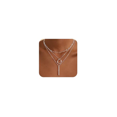 Cuzmly C-NK-LAYER BAR SL Layered Silver Necklaces For Women, 925 Sterling Silver Stackable Choker Necklaces For Women Trendy Layering Circle Pendant Chain Necklace Set Jewelry cover