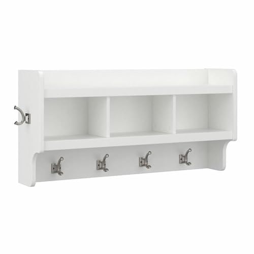 Bush Home Woodland 40W Wall Mounted Coat Rack with Shelf in White Ash | Cubbies and Hooks for Entryway, Mudroom, Foyer Storage