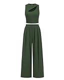 BTFBM Women 2 Piece Outfits Spring Summer Tracksuits Mock Neck Sleeveless Cutout Crop Top Wide Leg Long Pants Sweatsuits(Solid Army Green, Medium)