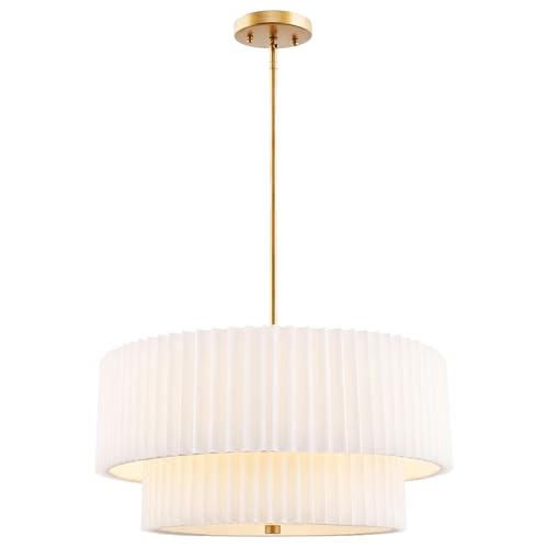 Image of 18 inch Double Drum Chandelier, 3-Light Gold Pendant Light Fixtures with Dual Layer Pleated Fabric Shade, Modern Chandeliers for Dining Room Kitchen Living Room Bedroom Hallway, AD-25036-3P-GD