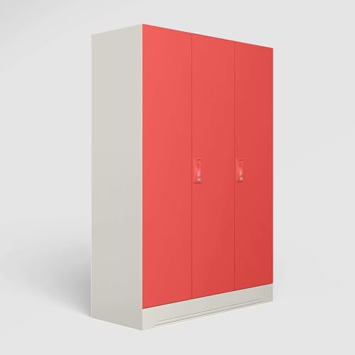 Image of Interio by Godrej Almirah Slimline 3-Door Steel Almirah, Cupboard for Clothes (Alpine White and Hot Coral Matte), 1-Year Warranty, 7 Shelves, 1 Locker