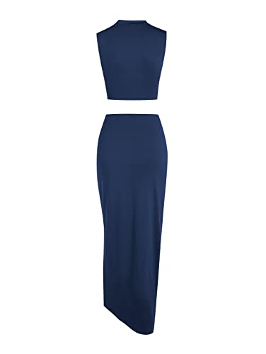 Image of ZAFUL Women's Casual Sleeveless Summer Two Piece Outfits Crop Top and Side Split Draped Ruched Maxi Skirt Set Solid Suiting