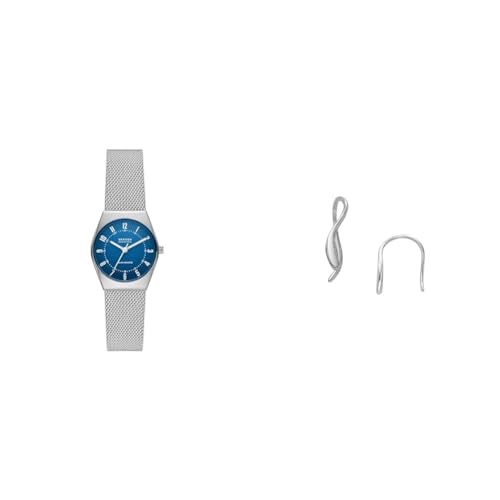 Skagen Damenuhr Grenen Lille Solar und Ohrringe Essential Waves, silberfarbener Edelstahl, Set