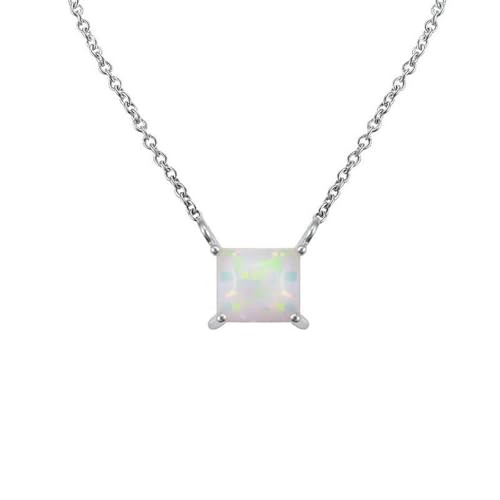 Grewod Collar Mujer Oro Blanco 9K Ópalo Rectangular Simple Cadena 45cm, Joyería Collar con Colgante con Piedra