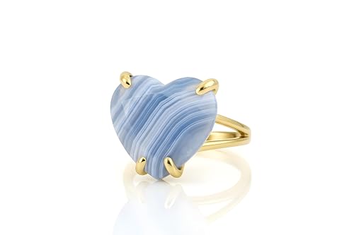 Blue Lace Agate Heart Ring - 14K Gold Double Band...