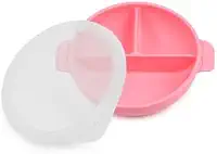Prato/Tigela em silicone com tampa e divisórias para bebês. Rosa