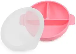 Prato/Tigela em silicone com tampa e divisórias para bebês. Rosa