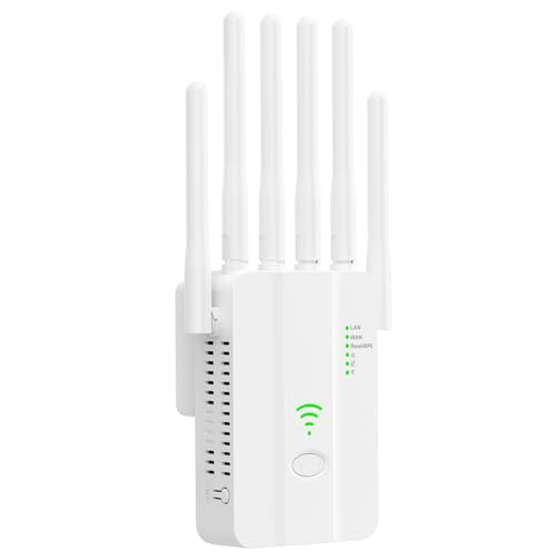 Ripetitore WiFi Potente, wifi extender, Amplificatore WiFi con 6 Antenne, 2 Porte LAN, Modalità (Ripetitore/Router/AP), Copertura fino a 300 m², per Casa e Ufficio, Installazione Semplice