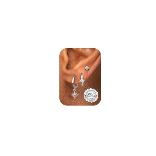 Morfetto 3 Pairs Sterling Silver Earrings for Women Hypoallergenic Gold Plated Stud Hoop Earrings Dainty Flat Back Earrings Helix Cartilage Earrings Sets for Multiple Piercings Silver-Sun