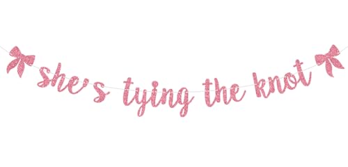 Image of She's Tying the Knot Banner, Bride to Be, Bow Bridal Shower Banner, Coquette Theme Bachelorette Wedding Engagement Party Decorations Supplies for Women Pink Glitter