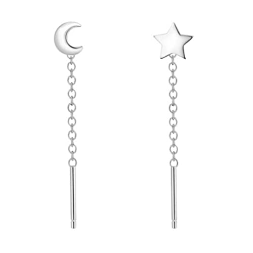 Boucles d'Oreilles Argent Massif, Pendante Longue Étoile et Lune Fantaisie Femme