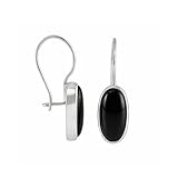 Sterling Silver Oval Black Onyx Stone Dangle Handmade Earrings for Women, 7x14mm