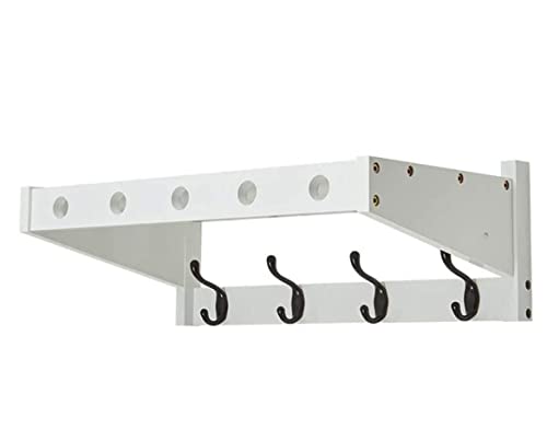 Perchero de pared con estantes flotantes de madera y ganchos de metal, elegante entrada para sombreros y abrigos, 4 ganchos, solución de almacenamiento decorativa (blanco)