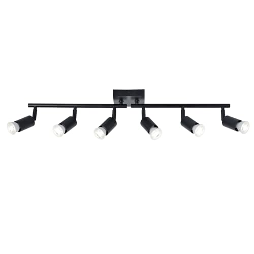 Image of 6-Light Kitchen Track Lighting, Black Adjustable GU10 Track Ceiling Light Kit, Industrial Flush Mount Ceiling Spotlight Fixture for Hallway, Dining Room