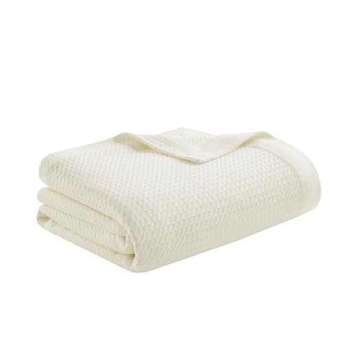 Image of Madison Park 100% Egyptian Cotton Twin Size Bed Blanket for Summer Ivory | Cozy Soft Breathable Durable, Waffle Weave Woven Casual, Lightweight Knit All Season Throw for Bed Couch or Sofa, OEKO TEX