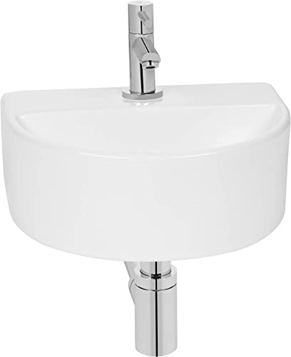 Saqu Side Waschtischset mit chromem Hahn, Glänzend weißes Keramik - Waschbecken für Unterschrank, Waschtisch für Gäste WC