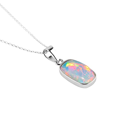 InfinityGemsArt Real Ethiopian Opal Stone Bezel Pendant Necklace, Cabochon Gemstone, Birthstone, Healing Jewelry, Rhodium Plated Sterling Silver Chain 20 inch