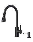 FORIOUS Miscelatore da Rubinetto cucina con dosatore di sapone, Rubinetto Miscelatore estraibile a 2 modalità di getto, miscelatore monocomando acqua calda e fredda, Nero Matte