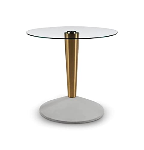 GillmoreSPACE Small Round Dining Table - Concrete Cone Base With Brass Tapered Pedestal & Clear Glass Top