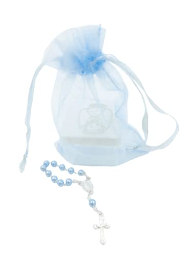 Kit Batizado 12 Caixa 4x4cm Anjo Prata 12 Mini Terço Pérolas 5mm 12 Organza 8x12cm Lembrancinhas Mim