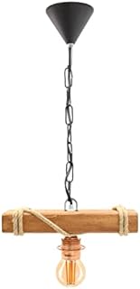 BIAREN Rustic Wooden Chandelier Single Copper Light Handmade Natural Retro Wood Ceiling Pendant Light for Living Room Kitchen