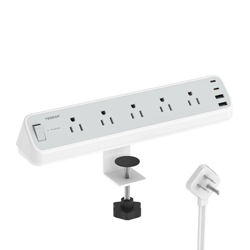 TESSAN Desk Clamp Power Strip 10 Ft 2100J Surge Protector Desk Charging Station 5 Outlets with 4 USB Ports (2 USB C) Flat Plug Extension Cord with Multiple Outlets for Home Office Dorm Room Grey