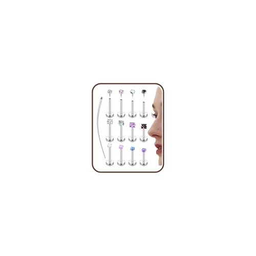 Hypoallergenic Nose Studs for Women - 316L Surgical Steel Nose Rings Studs Internally Threaded CZ Flat Back Stud Earrings Labret Stud Lip Tragus Helix Cartilage Piercing Jewelry Silver Colorful 18G