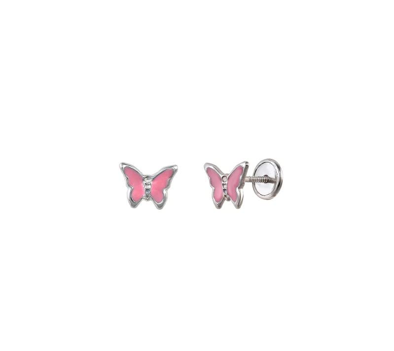 Turmalina by martina Turmalina - Pendientes bebe niña mariposa de Plata de Ley 925, pendientes con motivo de mariposa de esmalte rosa, tamaño de 7 x 5, de la marca de joyería Turmalina by Martina