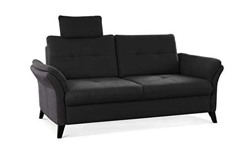 CAVADORE 3er Sofa Grönland / Skandinavische 3-Sitzer-Couch mit Federkern, Sitztiefenverstellung + Kopfstütze / 193 x 90 x 102 / Flachgewebe, Schwarz – Bild 5