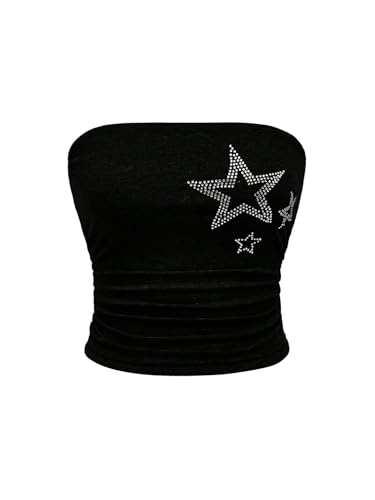 WDIRARA Women's Star Rhinestone Ruched Strapless Crop Tube Top Y2k Graphic Bandeau Tops