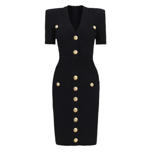 Women Knit Elastic Short Sleeve Solid Gold Buttons Slim Commuter Dress V-Neck Pencil Dresses Black M