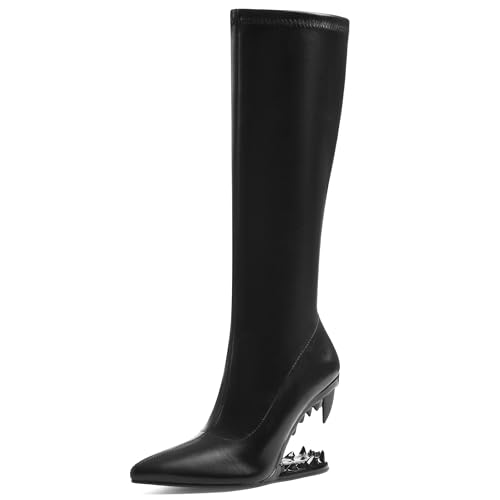 Goiphrri Knee High Boots Women Heeled Wedges Boot Pointed Toe Teeth Heel Tall Black Boots Half Side Zipper Wide Calf Pull On Fall Boot Heels for Women