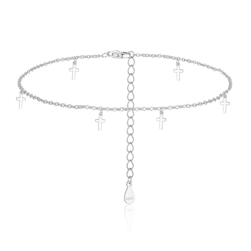 Tobillera de plata 925 fina y ajustable de alta joyería con dijes de luna y pequeña cruz